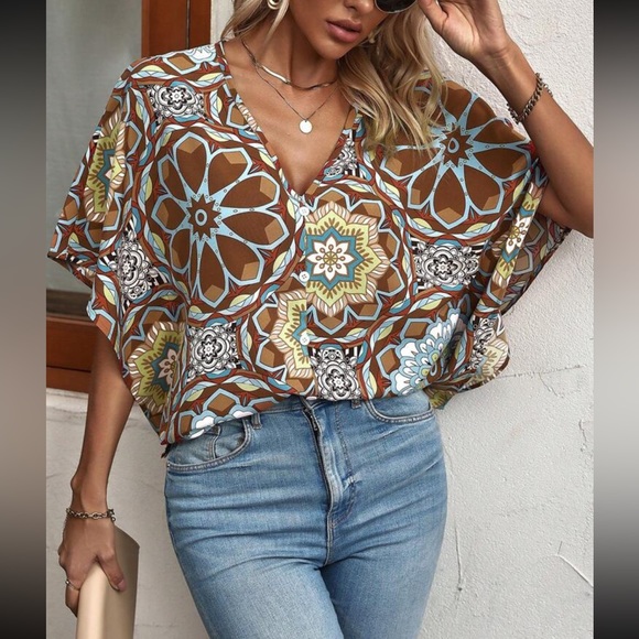 Boho floral print batwing sleeve blouse - Picture 1 of 6
